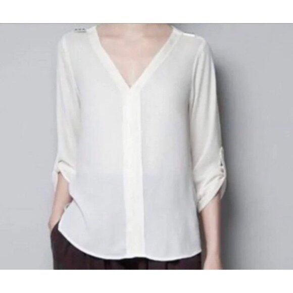 Zara Basic Gray Rolled Sleeves Pyramid Studded Shoulder Blouse - Picture 1 of 15